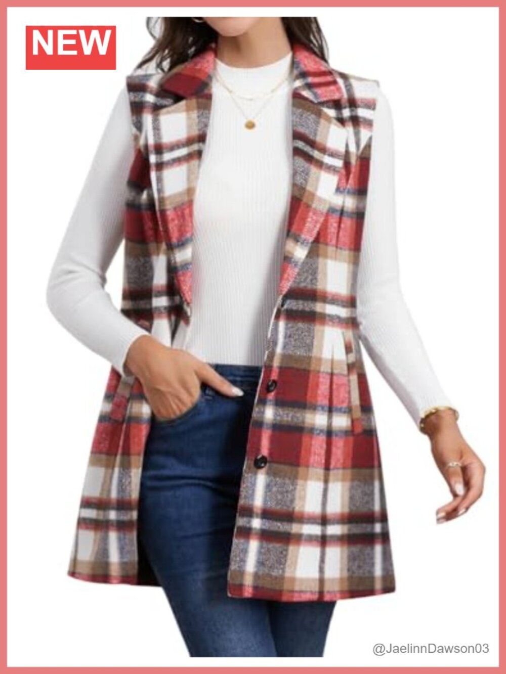 Wool Blend Plaid Sleeveless Long Vest Notch Lapel Button Front Mid Thigh